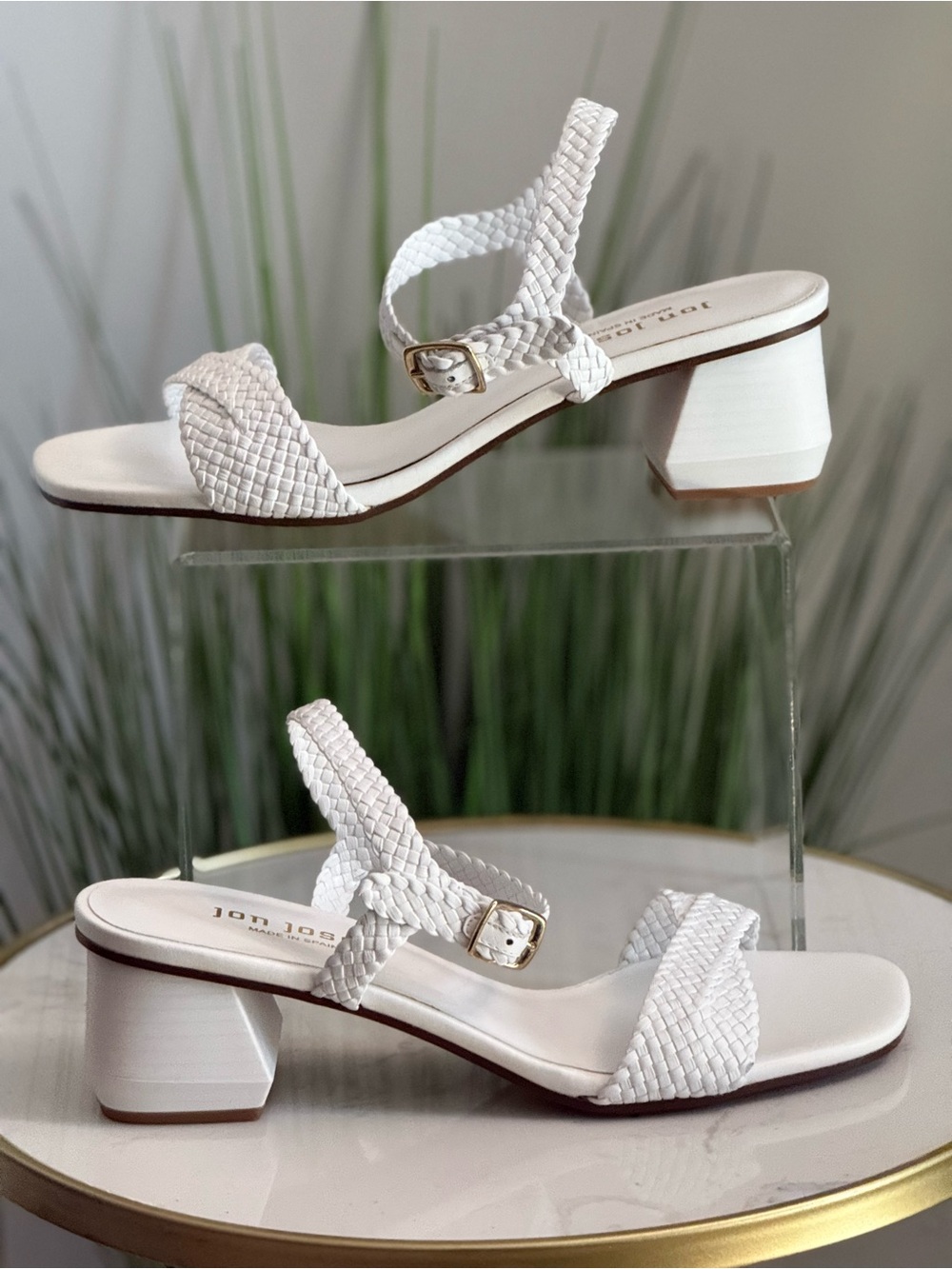NIB Jon Josef Duna White Braided Leather Block Heel Sandals